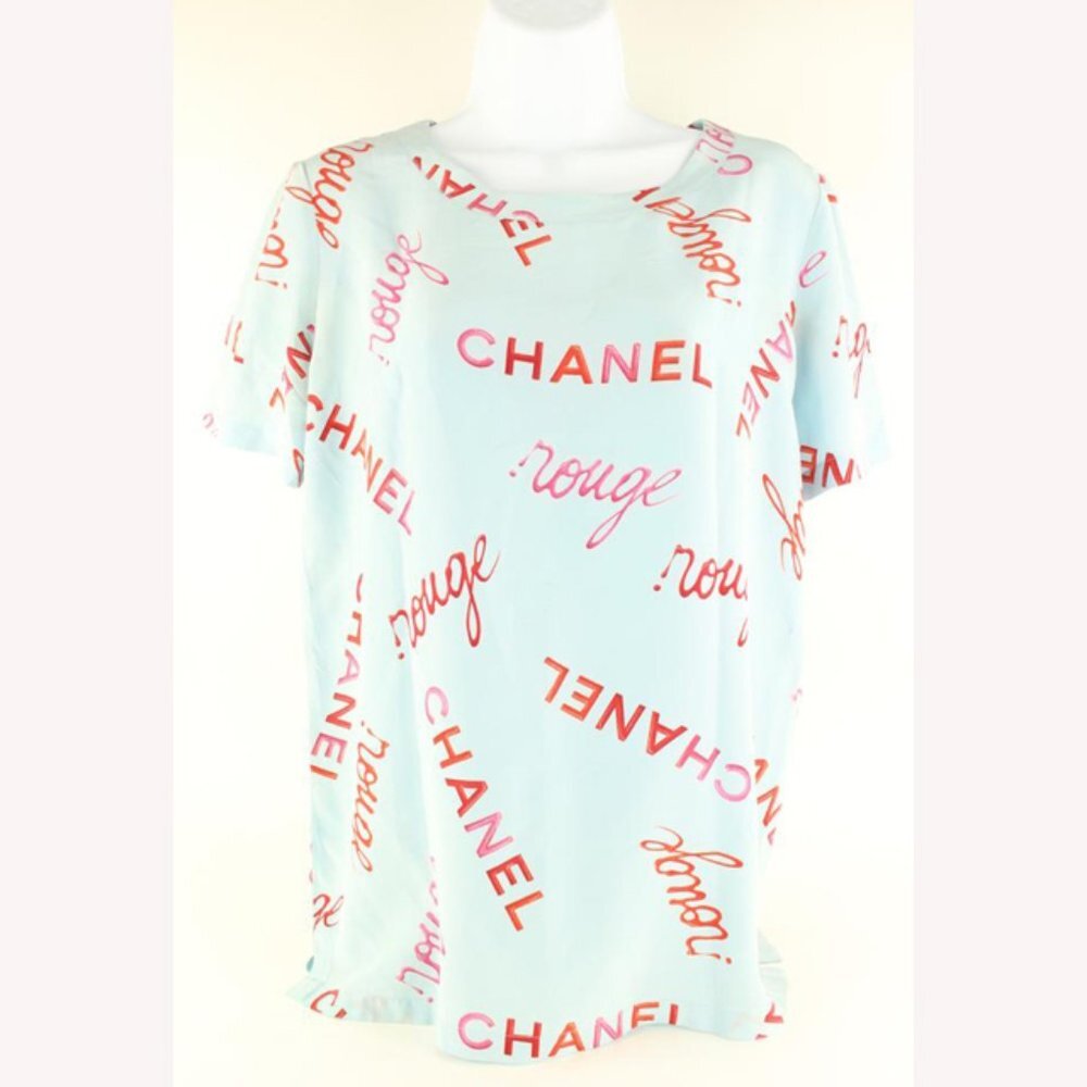 Chanel Size 38 96P Rouge Coco All Over Blue Silk Top Blouse Shirt 69cc614s